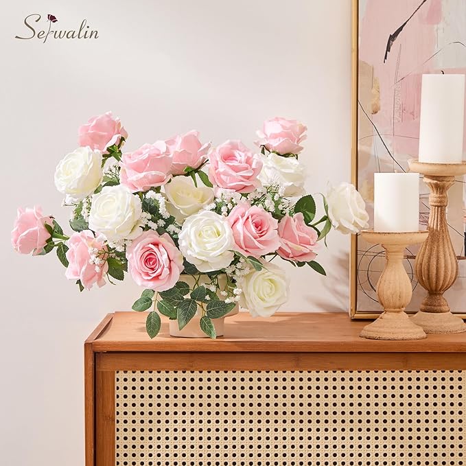 Serwalin 20pcs Artificial Pink & White Roses, 4'' Big Flower Head, Fake Velvet Roses, Silk Roses Long Stems Realistic Bouquet for Wedding Parties Table Centerpiece and Home Decor