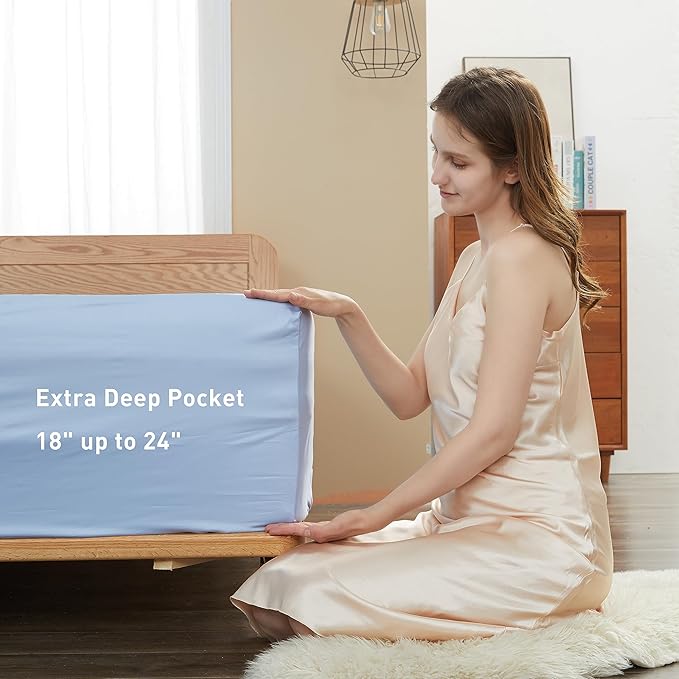 Sunflower King Fitted Sheet, 1-Piece Extra Deep Pocket Fitted Bottom Sheet 19", 100% Cotton Sateen Soft Breathable, Powder Blue