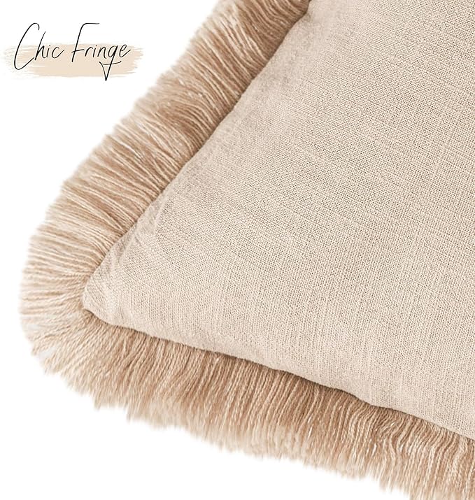 Foindtower Set of 2 Decorative Cozy Farmhouse Cushion Cover Linen Fringe Throw Pillow Covers with Tassels for Couch Sofa Bed Living Room Home Decor,26×26 Inch,Tan Beige