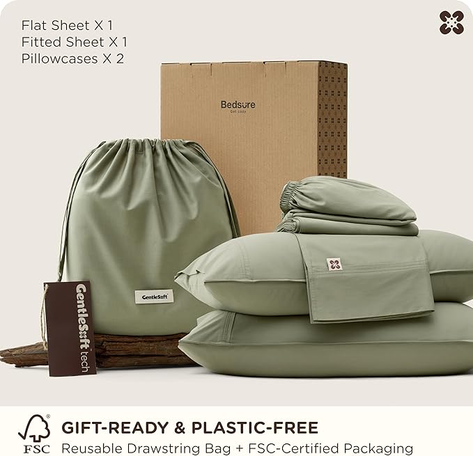 Bedsure Cooling Sheets, Rayon Derived from Bamboo & Cotton Blend, GentleSoft, Breathable, King Size Sheets Set, Deep Pocket Up to 18", Hotel Luxury Bedding for Hot Sleepers, Sage Green