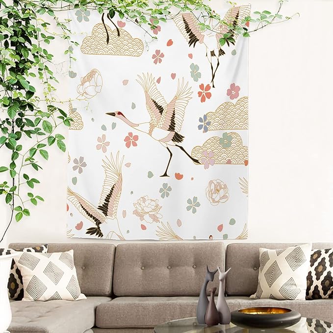 Batmerry White and Gold Japanese Tapestry,Rustic Wall Art Hanging Decoration Polyester Fiber White Ruffled Around for Dorm Room Bedroom Living Room, 82.7x59.1 inches