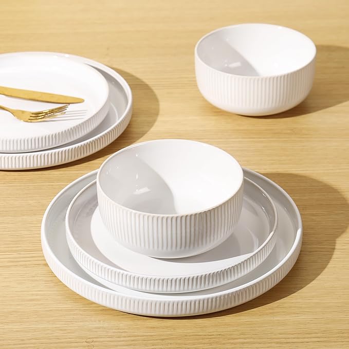 Frewinky Ceramic Dinnerware Sets for 8, Round Reactive Glaze Porcelain Plates and Bowls Sets, Scratch Resistant Modern Dishes Set, Dishwasher & Microwave Safe, Service for 8-White