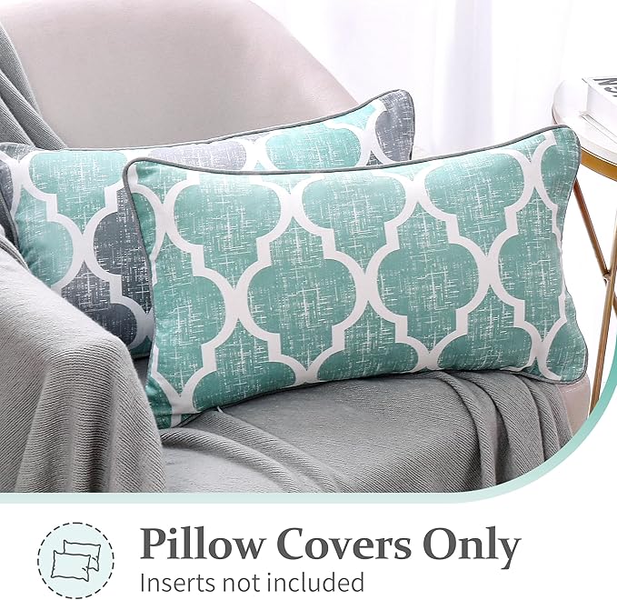 Beauoop Pack of 2 Throw Pillow Cases Covers for Couch Bed Sofa Farmhouse Double Sided Printed Colorful Geometric Trellis Moroccan Pattern Lumbar Pillow Covers, 12 X 20 Inches, Aqua Gray