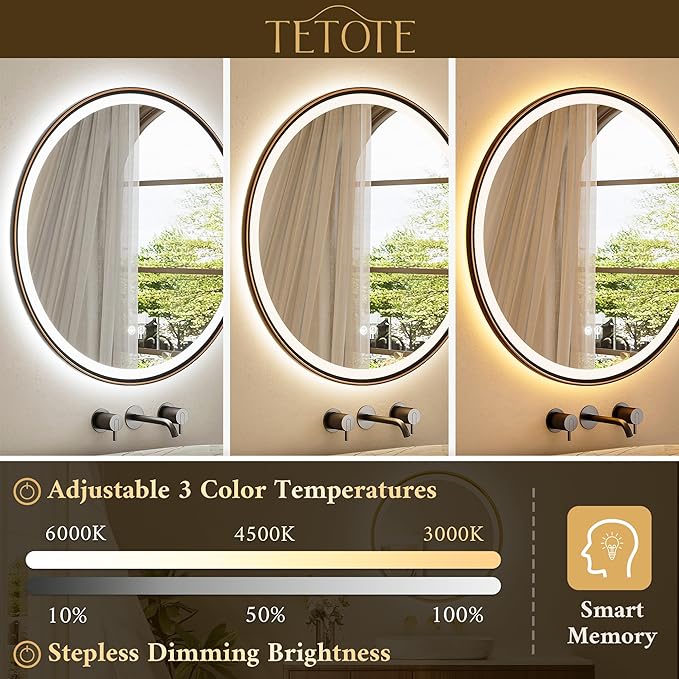 TETOTE Round Led Oil Rubbed Bronze Bathroom Mirror 30 Inch Circle Round Lighted Vanity Mirror with Lights for Bathroom Wall, 3 Color Stepless Dimmable, Anti Fog, Shatterproof, CRI 90+