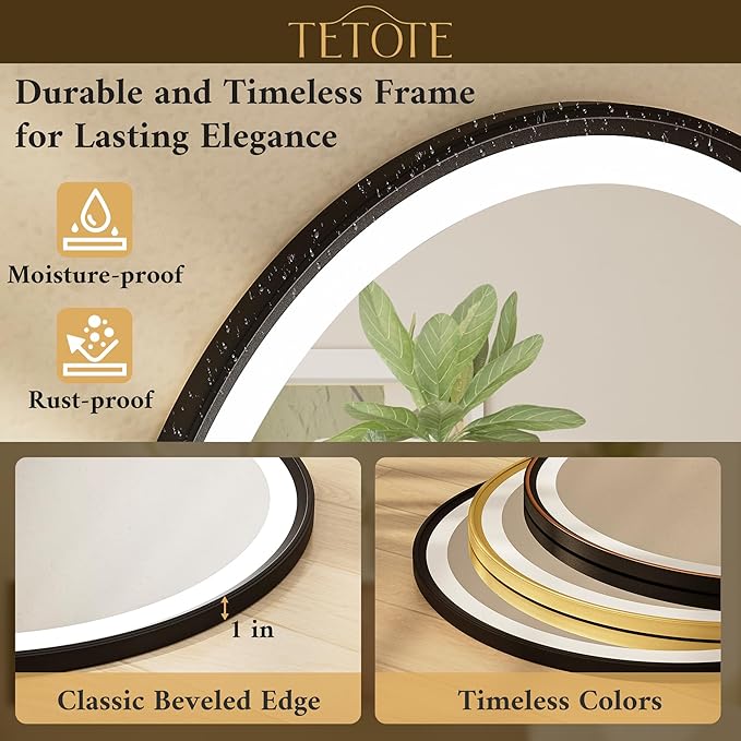 TETOTE Round Led Lighted Bathroom Mirror Matte Black Frame 30 Inch Front and Backlit Circle Round Light up Vanity Mirror with Lights, 3 Color Illuminated Dimmable Anti Fog Wall Mount, IP54 CRI 90+