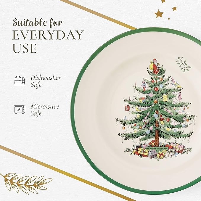 Spode Christmas Tree 10.5" Dinner Plate (Set of 4) - Festive Holiday Stoneware Plate with Christmas Tree & Green Borders, Microwave, Dishwasher, Freezer & Oven Safe - Holiday Tableware
