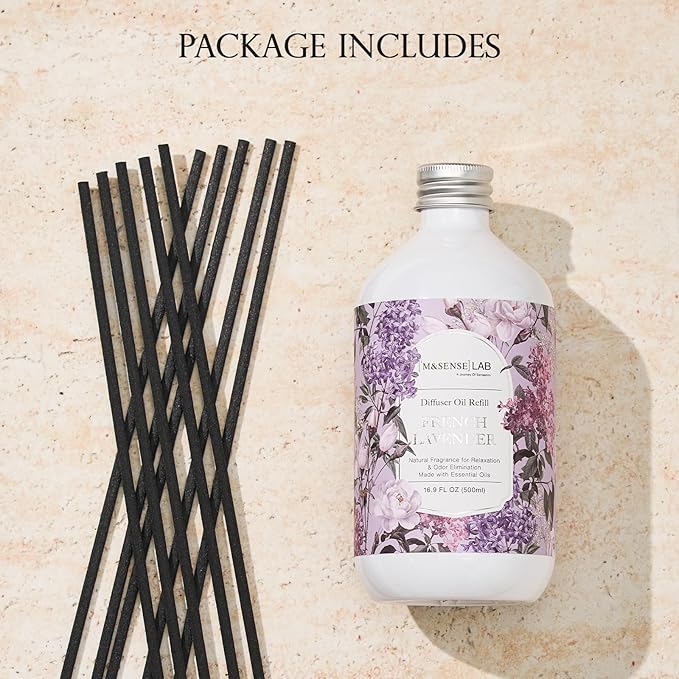 M&SENSE Reed Diffuser Oil Refill, 16.9oz (500ml) with 10 Hollow Reed Sticks, French Lavender Scent Home Fragrance, Scented Oil Refills, Natural Essential Oils for Diffusers, Décor for Home Spa Office
