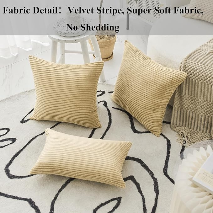 Home Brilliant Supersoft Decorative Pillow Covers Set of 2 Striped Velvet Corduroy Cushion Cover for Chair Couch Sofa, 50x50 cm, 20 x 20 Inch, Taupe