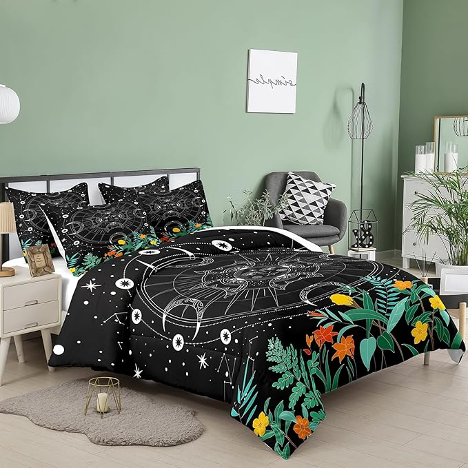 Tailor Shop Celestial Bedding King Size,Sun and Moon Bedding for Boys Girls Kids Teens,Galaxy Comforter,Gothic Comforter Witchy Comforter Boho Exotic Black Bed with 2 Pillowcases, Yh-sun and Moon 19