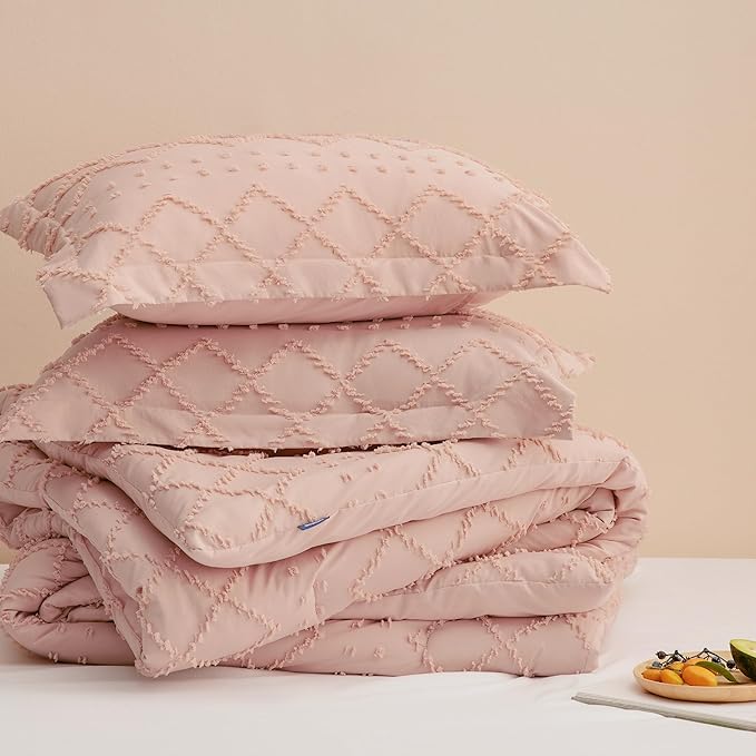 Bedsure Twin Comforter Set - Coral Pink Comforter, Boho Tufted Shabby Chic Bedding for Kids, 2 Pieces Vintage Farmhouse Bed Set for All Seasons, Fluffy Soft Bedding with 1 Pillow Sham