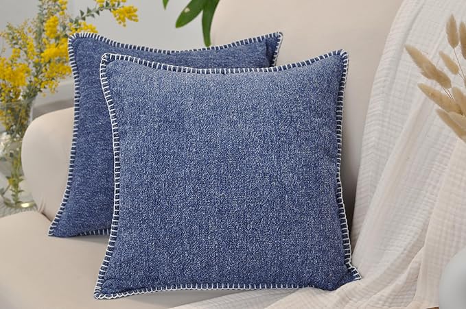 18x18 Pillow Covers Navy Blue Set of 2 Decorative Pillow Covers Square Textured Soft Cozy Chenille Cushion Covers with Blanket Stitch Hemmed Trim Decorative Edge for Living Room Sofa Bed