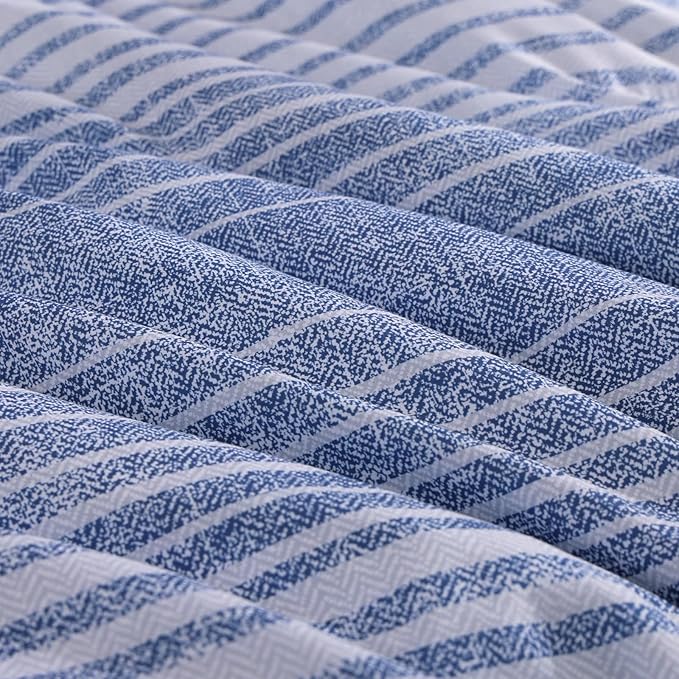 Queen Comforter Set Striped, Ocean Blue Coastal Bedding Set 7 Pieces for Boys Girls Teen, All Season Bed in a Bag with Sheets, Pillowcases & Shams