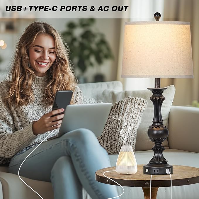 28" Farmhouse Table Lamps Set of 2, Retro Lamps for Living Room with USB C+A Ports & AC Outlet, 3 Way Touch Control Resin Bedside Lamp, Rustic Bedroom Lamp for Nightstand Side End Table Desk, Black
