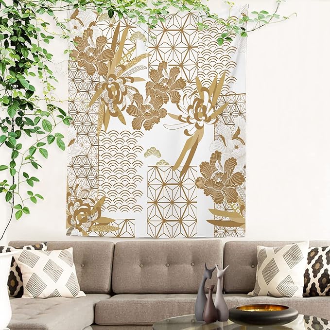 Batmerry Gold Japanese Floral Tapestry,Spring Wall Art Hanging Decoration Polyester Fiber White Ruffled Around for Dorm Room Bedroom Living Room, 59.1x51.2 inches