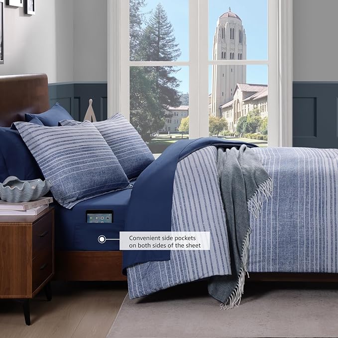 Queen Comforter Set Striped, Ocean Blue Coastal Bedding Set 7 Pieces for Boys Girls Teen, All Season Bed in a Bag with Sheets, Pillowcases & Shams