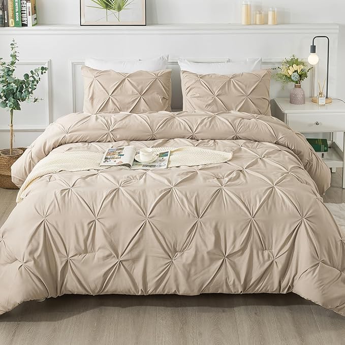 Andency Full Comforter Set Khaki, 3 Pieces Pinch Pleat Bedding Comforters & Sets, Pintuck Lightweight Fluffy All Season Bed Set for Women Men Girls(79x90Inch)