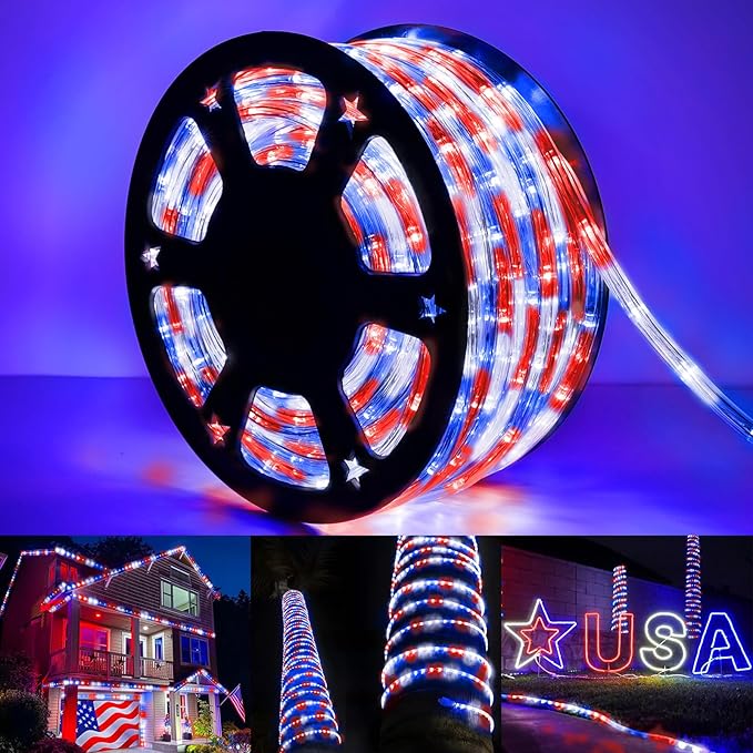 100ft LED Rope Lights Outdoor, 720 LED Connectable & Flexible Tube Lights with 8 Modes, Waterproof LED Rope Lighting for Independence Flag Day, Memorial Day, Outdoor,Indoor Decor (Red & White & Blue)