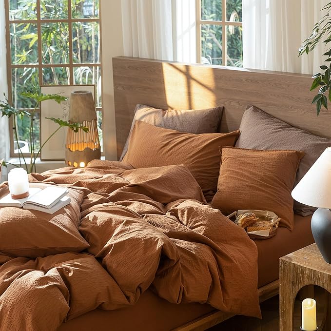 MooMee Wavy Striped Duvet Cover Set 100% Washed Cotton Linen Like Textured Breathable Durable Soft Comfy (Dark Orange, Palatial King/Oversized King 120"x98")