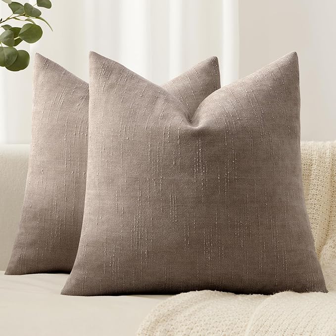 Woaboy Set of 2 Textured Throw Pillow Covers Decorative Soft Accent Square Chenille Pillowcases Neutral Farmhouse Cushions Modern Home Decor for Couch Sofa Bedroom Living Room 20x20 Inch, Light Taupe