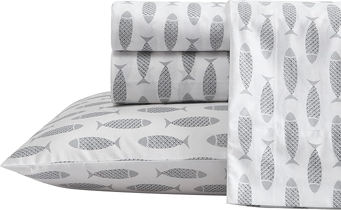 Nautica - Full Size Sheet Sets, Cotton Percale Bedding Set, Crisp & Cool, Coastal Home Decor (Woodblock Fish Grey, Full)