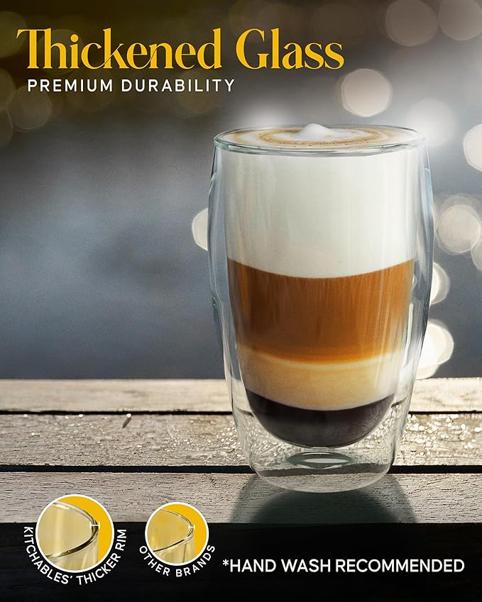 Kitchables Double Walled Glass Coffee Mugs Set of 2, 15oz Insulated Glass Coffee Mugs for Cappuccino, Latte, Tea, Espresso - Latte Cup - Tazas Para Cafe