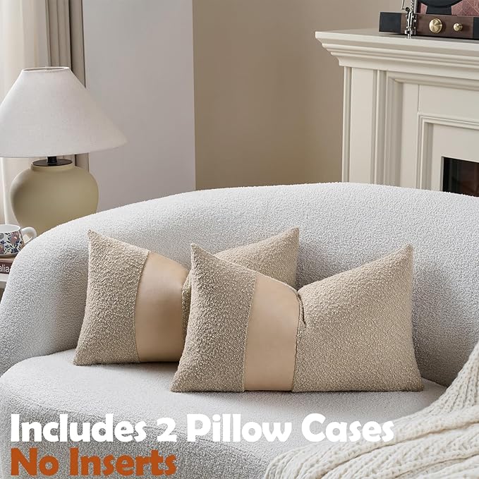 Pack of 2 Faux Leather Boucle Throw Pillow Covers 20"x12" Neutral Beige Chic Accents Textured Rectangular Lumbar Decorative Pillow Cases for Living Room Couch Bed Farmhouse Boho Home Decor