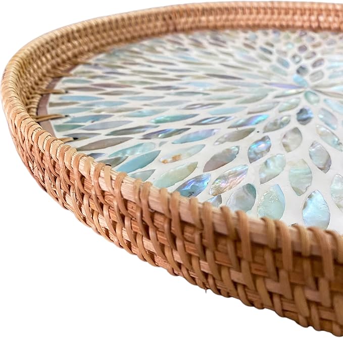 i-lan 14Inch Round Mother of Pearl Inlay Rattan Tray Display, Rattan Coffee Bread Serving Tray with MOP Inlay Wooden Base, Decorative Wicker Basket for Table Decor, Storage of Fruit,Candy