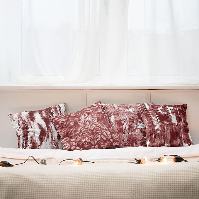 Ambesonne Vintage Throw Pillow Cushion Case Pack of 4, Abstract Grunge Effect Brushstrokes and Waving Striping Stains Paisley Drops, Modern Accent Double-Sided Digital Printing, 16", Maroon Rust White