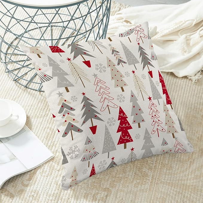 Christmas Pillow Covers 22 x 22 Inch, Colorful Red Grey Beige Christmas Tree Decor Throw Pillows for Home Couch Bed, Winter Xmas Snowflake Decorative Pillowcase Linen Cushion Cover Set of 2