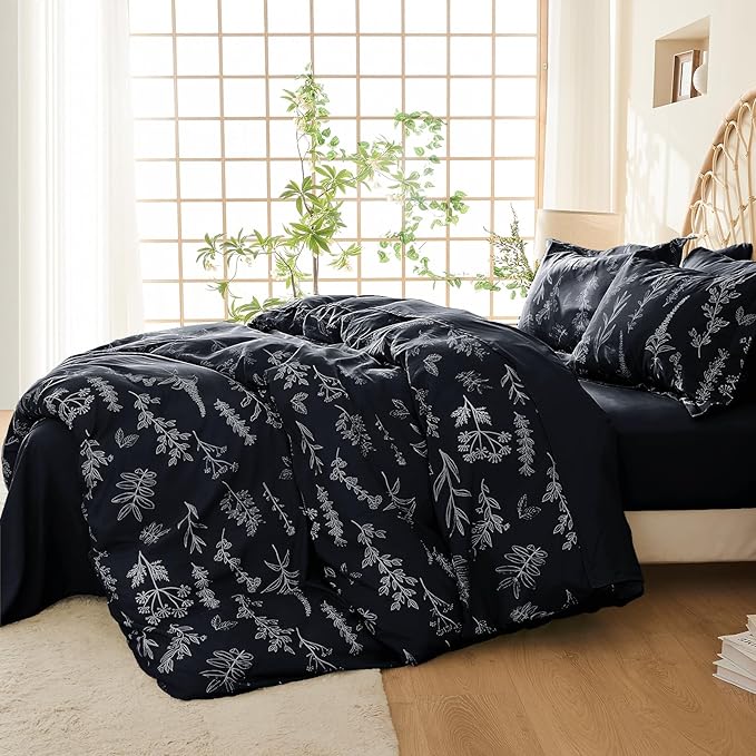 MUXHOMO Black King Comforter Set, Elegant Floral Print Bed in a Bag 7 Pieces, Ultra Soft & Breathable Reversible Botanical Pattern Bedding Set with Comforter, Sheets, Pillowcases, and Shams