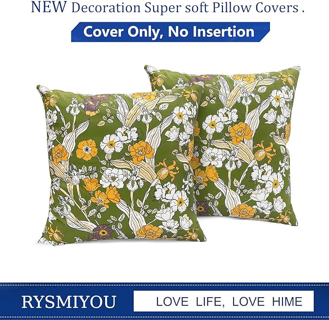 Decorative Throw Pillow Covers Set of 2 Green Pillow Covers 18x18 inch Soft Short Plush Square Freesia Floral Throw Pillows,Farmhouse Outdoor Pillow Covers for Couch Sofa Bed Living Room