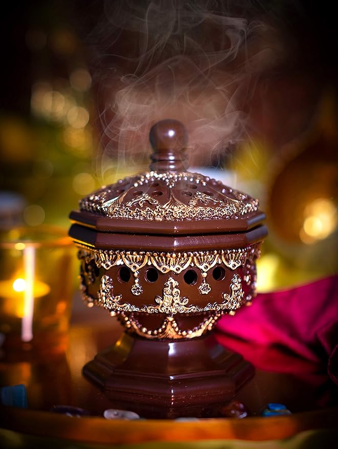 AM Lux Octagon Incense Burner – Bakhoor & Cone Holder | Charcoal Resin Burner for Frankincense, Myrrh & Aromatherapy | Decorative Mabkhara for Home, Office & Meditation Room Decor | Gift Box (Brown)
