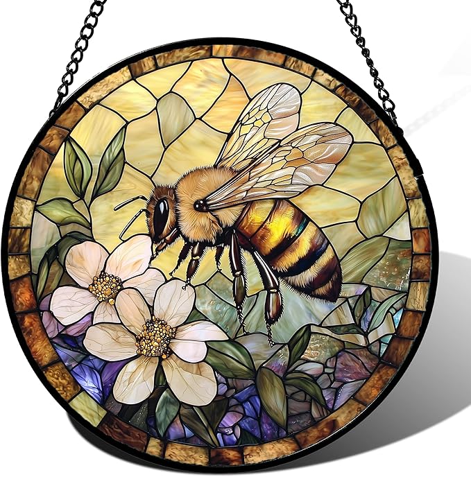Stained Glass Window Hanging, Vintage Bee Yellow Flower Sun Catcher for Window Door Home Decor Suncatcher Christmas Mother's Day Birthday Gifts for Women Men Mom and Nana 6.3 in