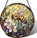 Stained Glass Window Hanging, Vintage Bee Yellow Flower Sun Catcher for Window Door Home Decor Suncatcher Christmas Mother's Day Birthday Gifts for Women Men Mom and Nana 15 in