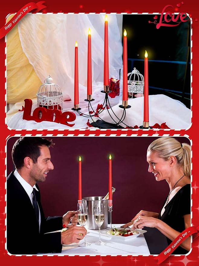 Treela 24 Pcs Flameless Taper Candles Battery Operated Bulk Fake 11 Inch Candles Light LED Candlesticks Flickering Tapered for Wedding Halloween Christmas Decoration(Red,Basic)