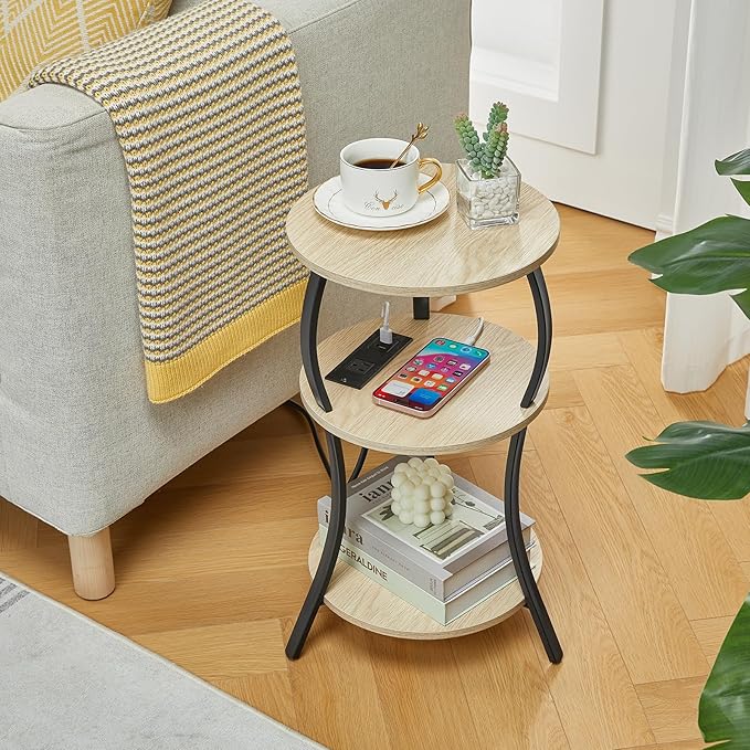 Small Round Side Table with Charging Station, 3-Tier Waist Circular End Table with Storage Shelf, Compact Tea Sofa Side Table Small Spaces, Round Corner Coffee Table for Living Room Bedroon,Oak