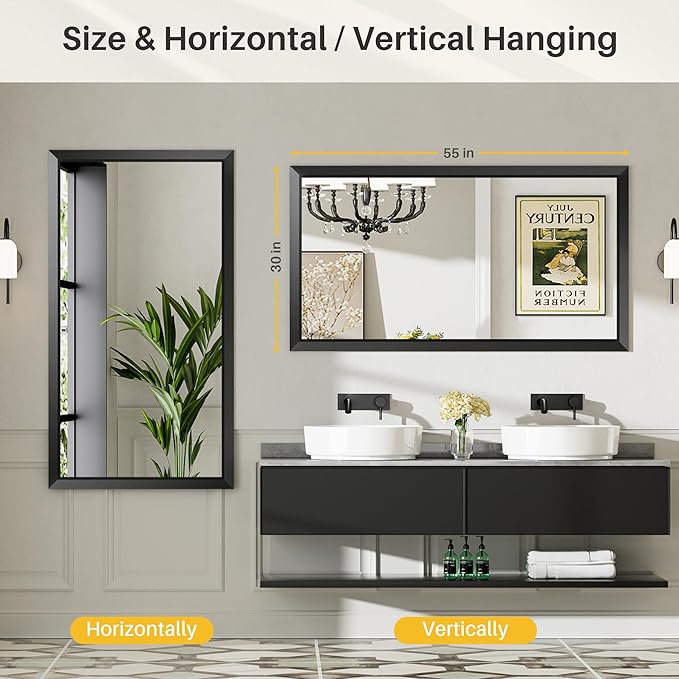 55x30 Inch Black Bathroom Mirror for Wall, Thick Metal Framed Rectangle Mirrors for Over Sink, Bedroom, Living Room, Entryway, Anti-Rust, HD Tempered Glass