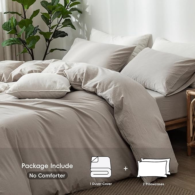 MooMee Bedding Duvet Cover Set 100% Washed Cotton Linen Like Textured Breathable Durable Soft Comfy (Heathered Cream Grey, Oversized King Plus 128"x120")