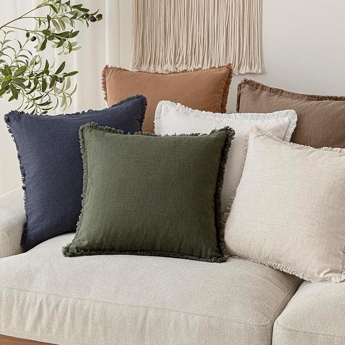 Foindtower Decorative Linen Fringe Throw Pillow Covers Cozy Boho Farmhouse Cushion Cover with Tassels Soft Accent Pillowcase for Chair Sofa Bed Living Room Home Decor, 16×16 Inch, 1PC,Dark Olive Green