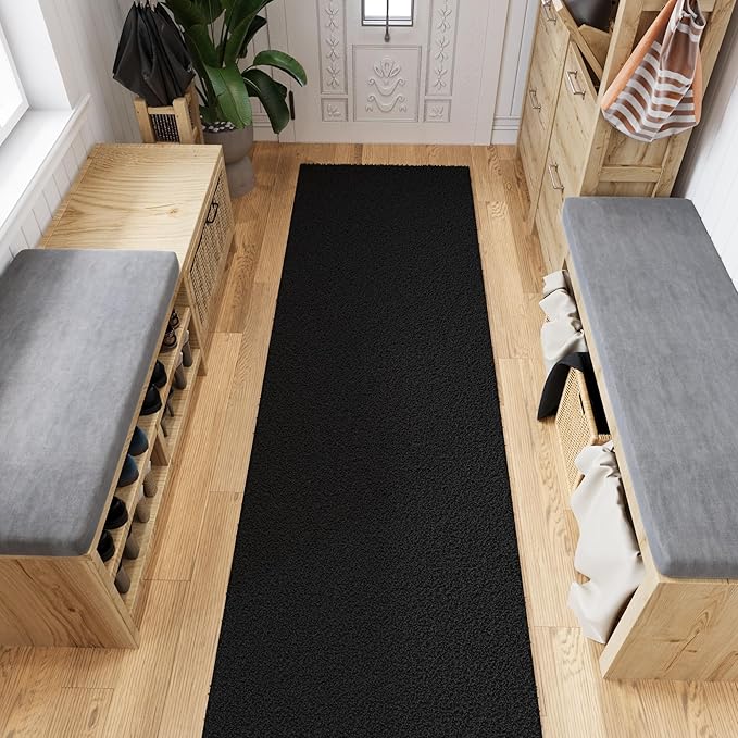 Ottomanson 3' x 14' Shaggy Runner Rug - Plush & Cozy Non-Slip Carpet for Bedroom, Living Room, Bathroom & Entryway - Durable & High-Traffic Friendly for Hallways & Dorms, Black