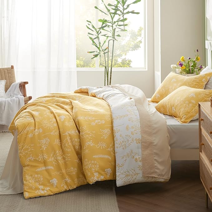 Bedsure Full Comforter Set - Yellow Bed Set, 3 Pieces Cute Floral Bedding, 1 Soft Reversible Botanical Flowers Comforter and 2 Pillow Shams