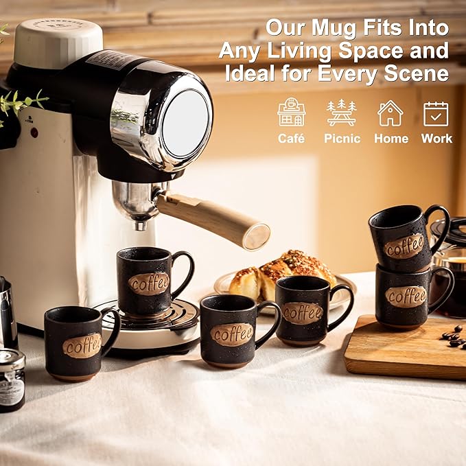 LYEOBOH Coffee Cups, Tea Cup, Espresso Cups, Coffee Mugs Set of 6, 3 oz Ceramic Espresso Cups, Cute Mini Demitasse Cups with Handle for Coffee Bar & Home Microwave & Dishwasher Safe, Black