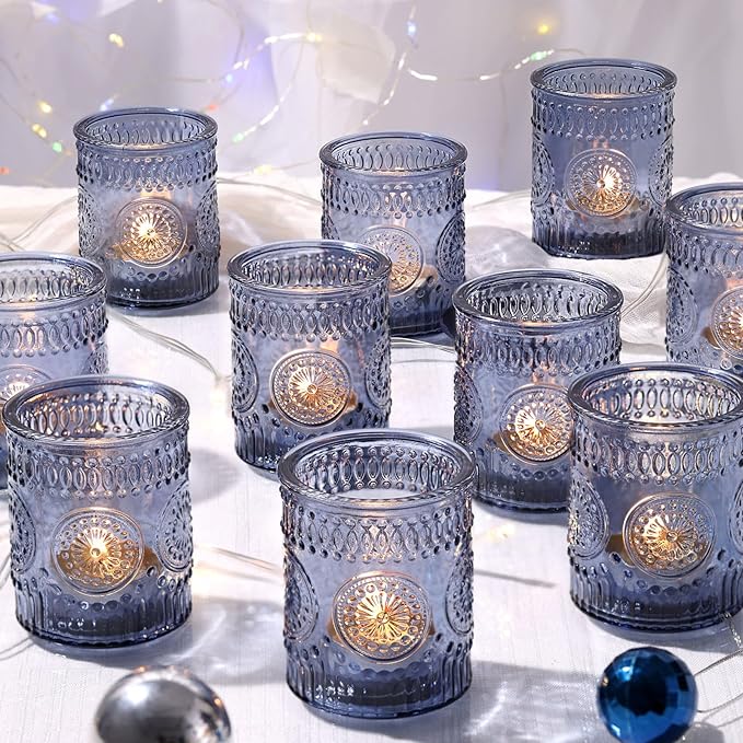 DEVI 24pcs Navy Blue Votive Candle Holders for Table Centerpieces, Blue Tealight Candle Holder for Bridal Shower Decorations, Boho Wedding Decorations for Home Party, Blue Sunflower Decor