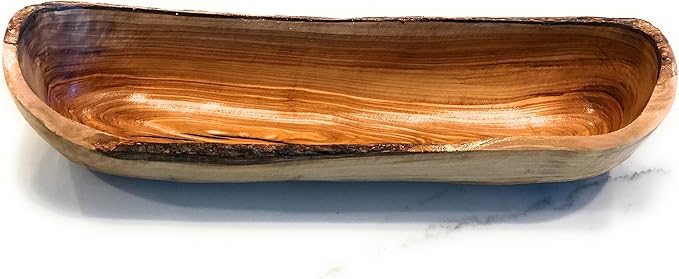 16-17" Rustic Olive Wood Bread Basket Dough Bowl- Live Bark Edge. Handmade Oval Decorative Bowl for French Bread. In 14, 16, 18". (16-17 x 3-4 x 2-3 in)