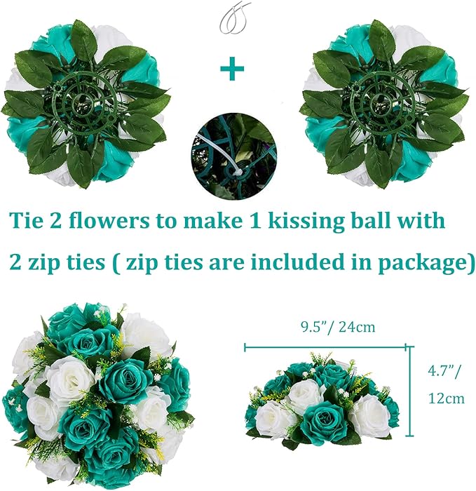 BLOSMON Flower Ball Centerpieces for Wedding: 10 Pcs Teal White Fake Roses Flowers Artificial for Table - Silk Kissing Bouquet Floral Arrangement Center for Home Party Event Decor
