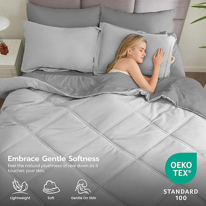 Joiedomi Queen Comforter Set with Sheets Light Grey, 7 Pieces Queen Bed Set with 1 Down Alternative Comforter, 1 Flat Sheet, 1 Fitted Sheet, 2 Pillowcases and 2 Pillow Shams, Bed in a Bag All Seasons