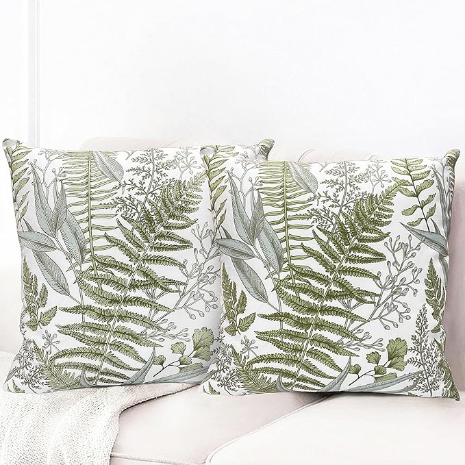 Decorative Throw Pillow Covers Set of 2 Olive Green Leaves Pillow Covers 20x20 inch Soft Short Plush Square Floral Throw Pillows,Farmhouse Outdoor Pillow Covers for Couch Bed Living Room