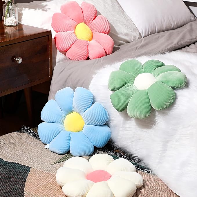 Coume 4 Pcs Flower Pillows 15" Cute Plush Flower Throw Pillows Daisy Floor Seat Cushion for Bed Sofa Couch Chair Classroom Corner Office Christmas Room Decor(Pastel)
