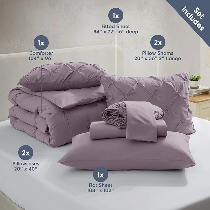Nestl California King Comforter Set 7 Piece - Pintuck Cal King Comforter Set Dusty Purple, California King Bed in a Bag, All Season Bed Set with Flat Sheet and Fitted Sheet, Pillowcases and Shams