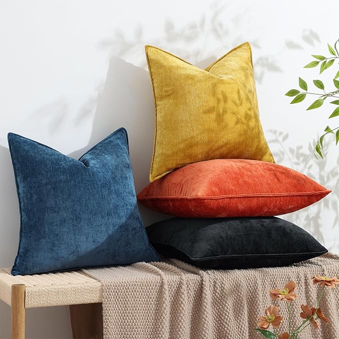 decorUhome Couch Throw Pillow Covers 20x20 Set of 2, Decorative Soft Euro Neutral Chenille Pillow Covers with Elegant Design for Sofa Bed Living Room Home Decor, Black